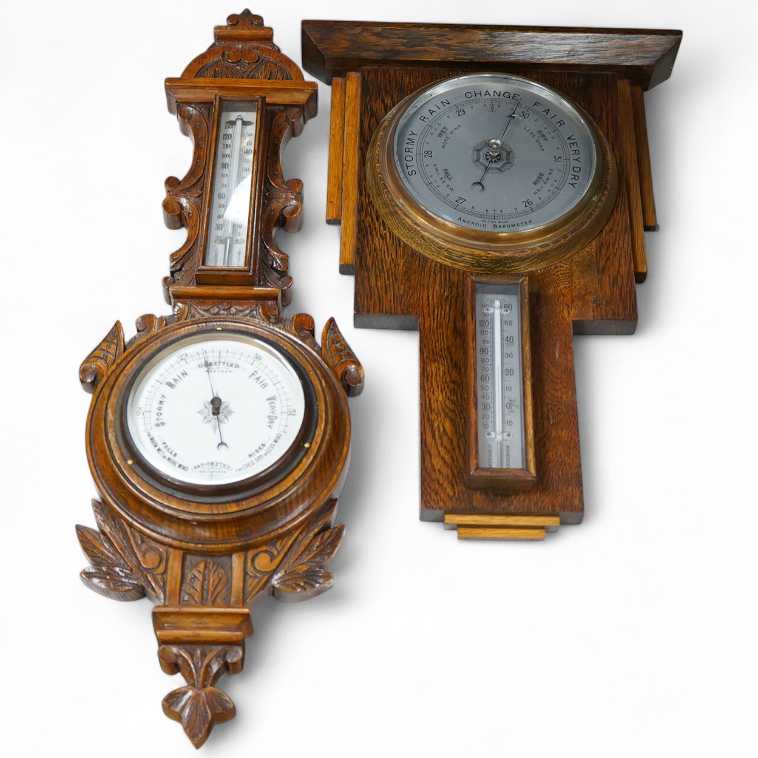 Victorian oak aneroid barometer/thermometer and Deco barometer